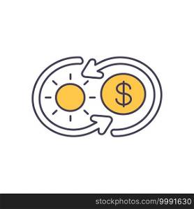 Fee for use of solar energy yellow RGB color icon. Purchasing of solar panels. Nature and ecology. Payment and exchange. Fight for clean air and environment. Isolated vector illustration. Fee for use of solar energy yellow RGB color icon