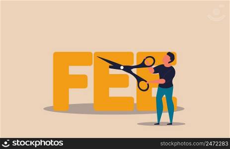 Fee waiver charge and account cost interest to paid. Offer safety package custom and discount vector illustration concept. Businessman commission cut with scissors and decrease rate percent earnings