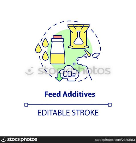 Feed additives concept icon. Dairy cows nutrition abstract idea thin line illustration. Reducing methane. Isolated outline drawing. Editable stroke. Roboto-Medium, Myriad Pro-Bold fonts used. Feed additives concept icon