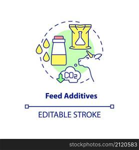 Feed additives concept icon. Dairy cows nutrition abstract idea thin line illustration. Reducing methane. Isolated outline drawing. Editable stroke. Roboto-Medium, Myriad Pro-Bold fonts used. Feed additives concept icon