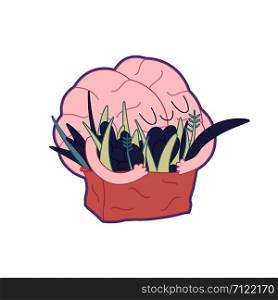 Feed your brain - an outlined vector flat cartoon vector illustration of enjoining brain hugging a bag of greens. Part of a Brain collection.. Feed your brain
