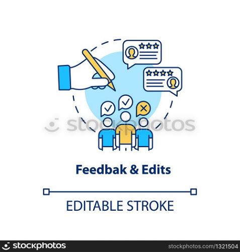 Feedback and edits concept icon. Client comments, required changes making idea thin line illustration. Creative design process step. Vector isolated outline RGB color drawing. Editable stroke