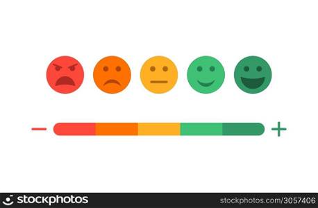 Feedback and level of satisfaction of customer. Survey with emoji on scale. Face icons with different mood. Sad and happy experience. Negative or positive emoticons of evaluation from users. Vector.. Feedback and level of satisfaction of customer. Survey with emoji on scale. Face icons with different mood. Sad and happy experience. Negative or positive emoticons of evaluation from users. Vector