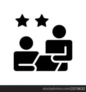 Feedback black glyph icon. Executive appraisal for employee work. Job monitoring. Professional partnership. Silhouette symbol on white space. Solid pictogram. Vector isolated illustration. Feedback black glyph icon