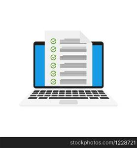 Feedback concept check list paper in laptop, flat vector illustration