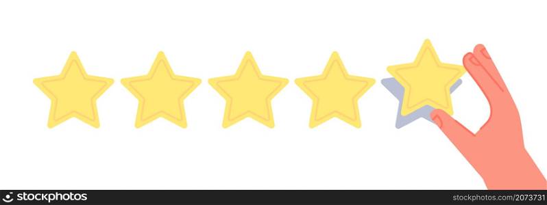 Feedback concept. Good review, supporting client service successful. Hand holding star, golden stars rating. Reputation or quality vector concept. Best experience and feedback result illustration. Feedback concept. Good review, supporting client service successful. Hand holding star, golden stars rating. Reputation or quality utter vector concept