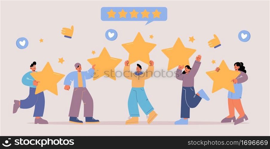 Feedback, customer review concept. Rating of client satisfaction of service, app or product. Vector flat illustration of quality rate with people holding gold stars and like symbols. Feedback, customer review. People with gold stars