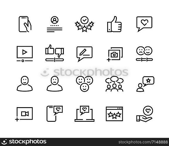 Feedback line icons. Customer review and questionnaire list outline pictograms. Vector user experience and opinion test set. Communication services testing consumer emotions. Feedback line icons. Customer review and questionnaire list outline pictograms. Vector user experience and opinion test set