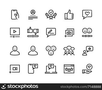 Feedback line icons. Customer review and questionnaire list outline pictograms. Vector user experience and opinion test set. Communication services testing consumer emotions. Feedback line icons. Customer review and questionnaire list outline pictograms. Vector user experience and opinion test set