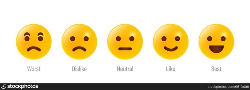 Feedback scale service with emotion icons. User experience rate with feedback scale. Yellow emoji for customer feedback. Worst, dislike, neutral, like, best emotion icons. Vector illustration.. Feedback scale service with emotion icons. User experience rate with feedback scale. Yellow emoji for customer feedback. Worst, dislike, neutral, like, best emotion icons. Vector illustration