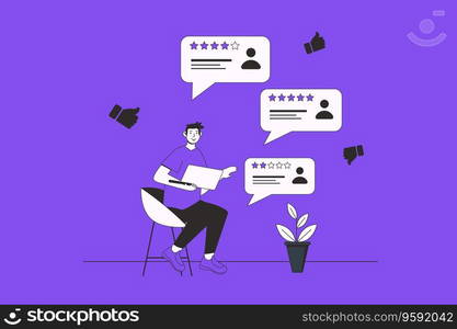 Feedback web concept with character scene in flat design. People leaving positive or negative customer comments with different experience. Vector illustration for social media marketing material.