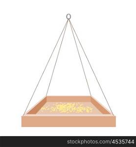 Feeders for birds on a white background. Wooden trough on a rope and a mound of grain. Illustration of nature protection, care of animals and birds. Design element. Stock vector illustration