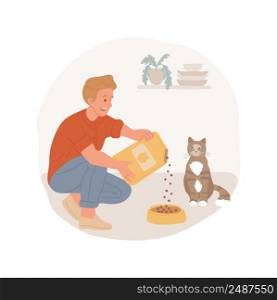 Feeding a cat isolated cartoon vector illustration. Pet daily routine, pouring dry food, cat walking next to a person, waiting for food, mother and kid feeding domestic animal vector cartoon.. Feeding a cat isolated cartoon vector illustration.