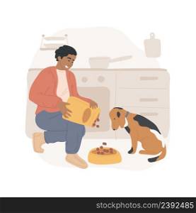 Feeding a dog isolated cartoon vector illustration Pouring dry food from bag in bowl, dog feeding schedule, caring for pet, daily animal routine, hungry puppy waiting for meal vector cartoon.. Feeding a dog isolated cartoon vector illustration