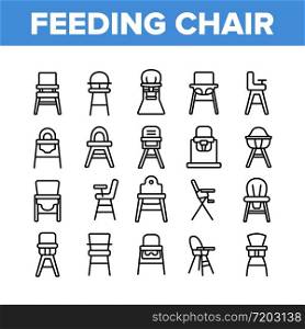 Feeding Baby Chair Collection Icons Set Vector. Childhood Dinner Chair, Furniture Stool With Table For Feed Toddler Child Concept Linear Pictograms. Monochrome Contour Illustrations. Feeding Baby Chair Collection Icons Set Vector