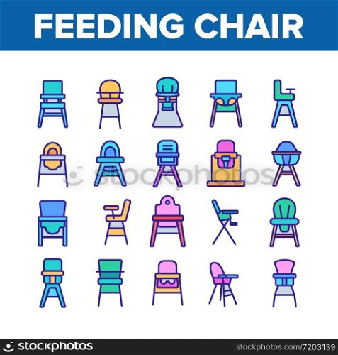 Feeding Baby Chair Collection Icons Set Vector. Childhood Dinner Chair, Furniture Stool With Table For Feed Toddler Child Concept Linear Pictograms. Color Illustrations. Feeding Baby Chair Collection Icons Set Vector