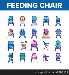 Feeding Baby Chair Collection Icons Set Vector. Childhood Dinner Chair, Furniture Stool With Table For Feed Toddler Child Concept Linear Pictograms. Color Illustrations. Feeding Baby Chair Collection Icons Set Vector