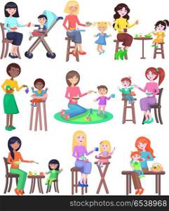 Feeding baby illustration. Young mothers of different nationalities feeding their babies set. Chair for baby. Playground. Kindergarten. Lovely kids have a meal. Food consumption. Vector in flat style. Young Mothers Feeding Babies Set. Kindergarten.. Young Mothers Feeding Babies Set. Kindergarten.
