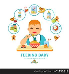 Feeding Baby Pictorial Guide Flat Poster . Feeding baby and infants pictorial guide for healthy growth and development flat poster print abstract vector illustration