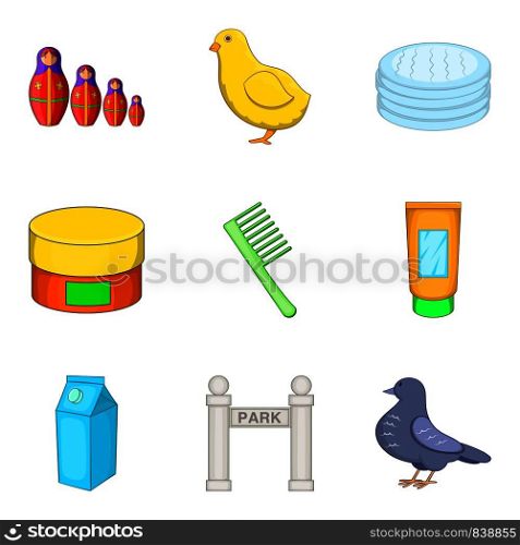 Feeding in park icons set. Cartoon set of 9 feeding in park vector icons for web isolated on white background. Feeding in park icons set, cartoon style