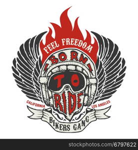 Feel freedom. Hand drawn biker helmet with fire and wings isolated on white background. Design element for t-shirt, poster. Vector illustration.