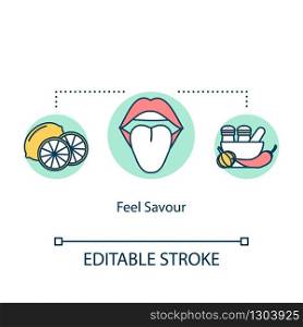 Feel savor concept icon. Mindful eating, conscious nutrition idea thin line illustration. Enjoying meal, noticing flavors and tastes. Vector isolated outline RGB color drawing. Editable stroke