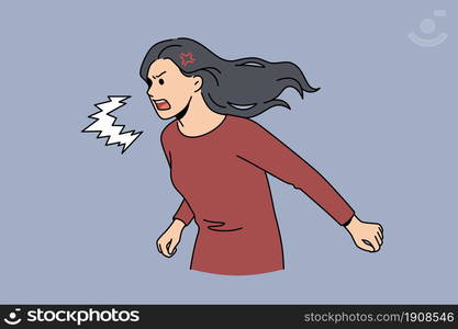 Feeling angry and aggressive concept. Young angry rage furious woman cartoon character standing shouting screaming feeling aggression vector illustration . Feeling angry and aggressive concept