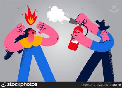 Feeling angry and furious concept. Young man putting out fire on angry rage furious woman cartoon character with fire extinguisher vector illustration . Feeling angry and furious concept.