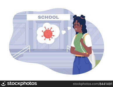 Feeling anxious at school after pandemic 2D vector isolated illustration. Nervous student flat character on cartoon background. Colourful editable scene for mobile, website. Archivo Black font used. Feeling anxious at school after pandemic 2D vector isolated illustration