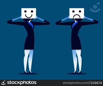 Feeling. Businesswoman holding smile and sad mask. Concept business illustration. Vector.