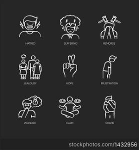 Feeling chalk white icons set on black background. Social and moral emotion. Psychological disorder treatment. Positive attitude. Mental health issue. Isolated vector chalkboard illustrations. Feeling chalk white icons set on black background