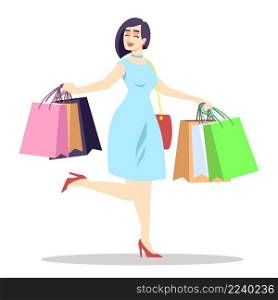Feeling delighted after shopping day semi flat RGB color vector illustration. Happy beautiful lady isolated cartoon character on white background. Feeling delighted after shopping day semi flat RGB color vector illustration