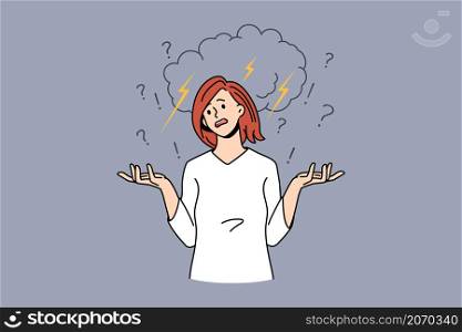 Feeling disappointed and angry concept. Young furious woman shouting with stormy rain and weather above from cloud feeling stressed and rage vector illustration . Feeling disappointed and angry concept
