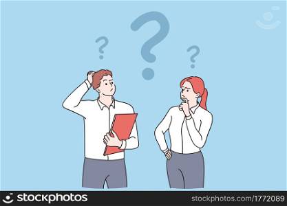 Feeling doubt, question, thinking concept. Young frustrated man and woman business partners cartoon characters standing feeling doubt with question signs above vector illustration . Feeling doubt, question, thinking concept