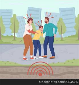 Feeling earthquake shaking flat color vector illustration. Frightening experience of natural disaster. Family scared of quake struck 2D cartoon characters with urban area on background. Feeling earthquake shaking flat color vector illustration