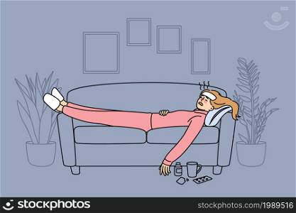 Feeling fever and ill concept. Sick young woman lying on coach with medicines on floor feeling bad at home vector illustration . Feeling fever and ill concept.