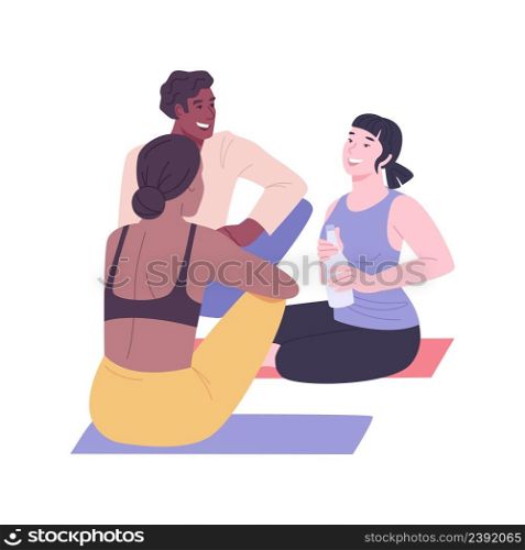 Feeling good after yoga isolated cartoon vector illustrations. Group of happy people having fun after doing yoga, sport addicted friends, socialization and communication vector cartoon.. Feeling good after yoga isolated cartoon vector illustrations.