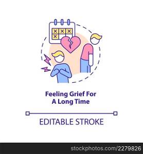 Feeling grief for long time concept icon. Warning sign of mental issues in teens abstract idea thin line illustration. Isolated outline drawing. Editable stroke. Arial, Myriad Pro-Bold fonts used. Feeling grief for long time concept icon