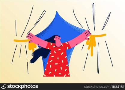 Feeling happy and positive concept. Young smiling woman cartoon character standing pushing curtains away breathing fresh air feeling happy vector illustration . Feeling happy and positive concept.