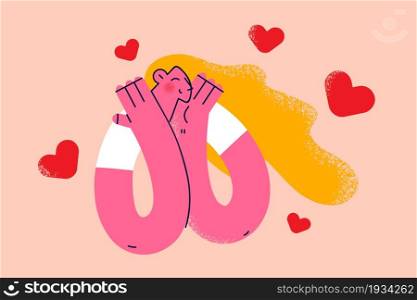 Feeling in love and positive concept. Young blonde woman cartoon character touching red cheeks feeling in love with hearts around vector illustration . Feeling in love and positive concept.