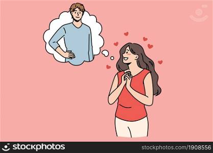 Feeling in love and romance concept. Young smiling female cartoon character standing feeling in love dreaming of her boyfriend vector illustration . Feeling in love and romance concept.