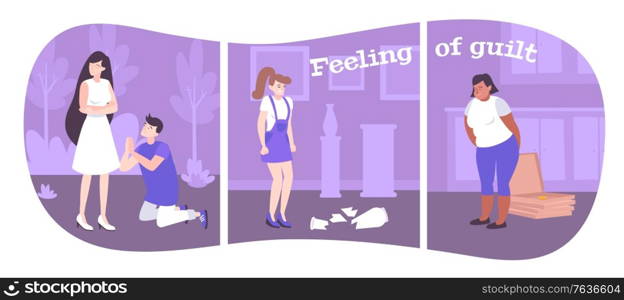 Feeling of guilt flat compositions showing emotions of people in different situations vector illustration