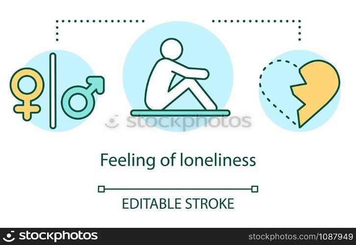 Feeling of loneliness concept icon. Breakup, relationship trouble idea thin line illustration. Gender symbols, depressed person and broken heart vector isolated outline drawing. Editable stroke