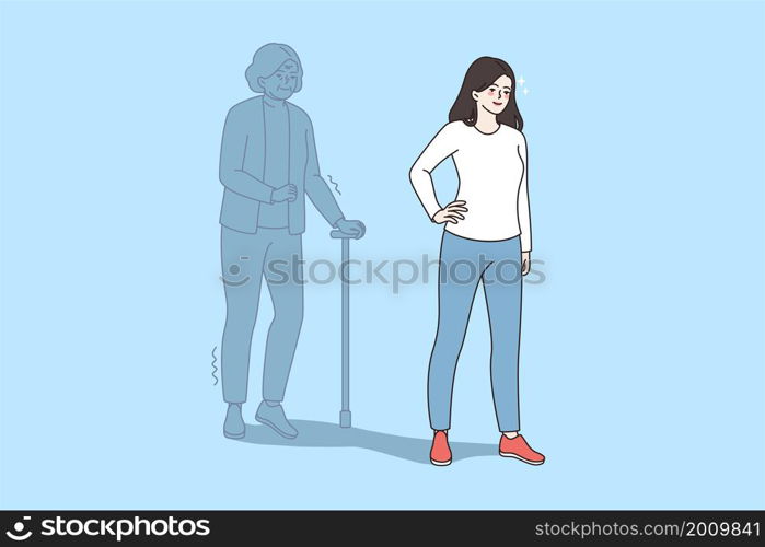 Feeling old and aging concept. Young smiling woman standing with elderly mature woman with club behind her over back on wall vector illustration . Feeling old and aging concept.