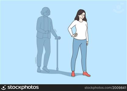 Feeling old and aging concept. Young smiling woman standing with elderly mature woman with club behind her over back on wall vector illustration . Feeling old and aging concept.