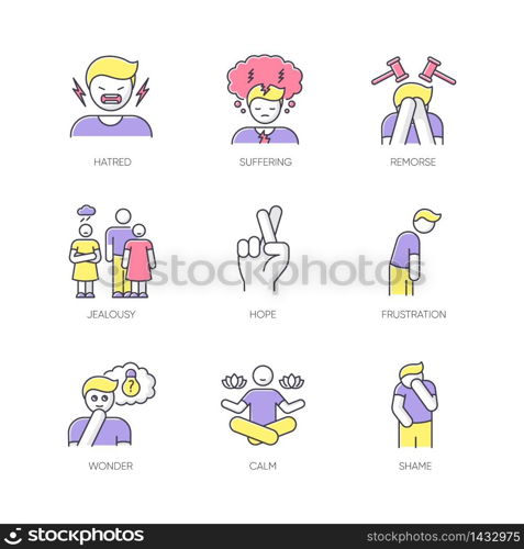 Feeling RGB color icons set. Social and moral emotion. Psychological disorder treatment. Positive attitude. Negative behaviour. Frustration and hope. Mental health issue. Isolated vector illustrations. Feeling RGB color icons set