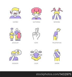 Feeling RGB color icons set. Social and moral emotion. Psychological disorder treatment. Positive attitude. Negative behaviour. Frustration and hope. Mental health issue. Isolated vector illustrations. Feeling RGB color icons set