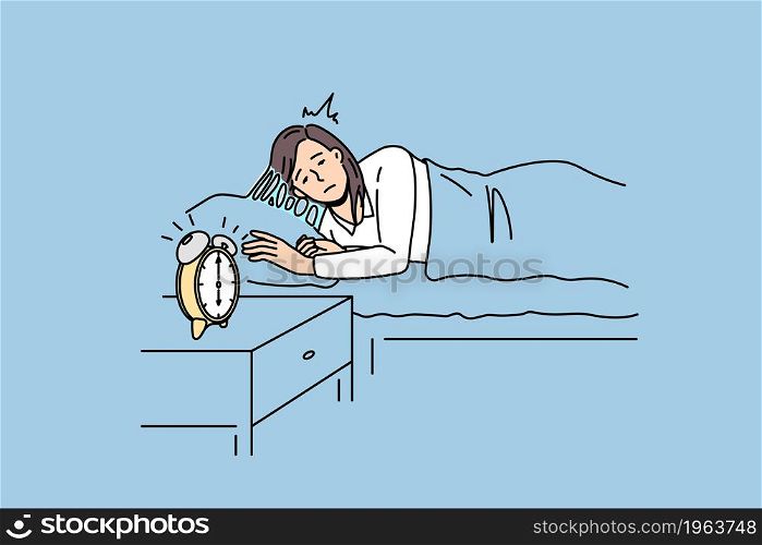 Feeling sleepy and alarm clock concept. Young sleepy woman staying in bed trying to wale up with alarm clock beats at six in morning vector illustration . Feeling sleepy and alarm clock concept
