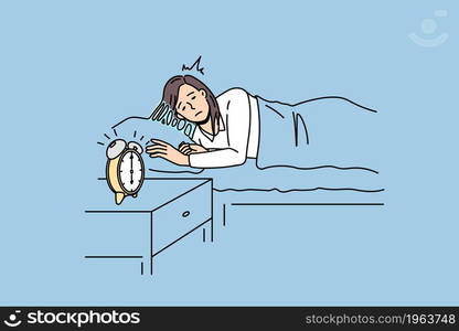 Feeling sleepy and alarm clock concept. Young sleepy woman staying in bed trying to wale up with alarm clock beats at six in morning vector illustration . Feeling sleepy and alarm clock concept