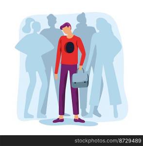 Feeling social isolation, mental problem with socialization. Vector mental psychology and feeling lonely, unhappy or upset, sadness adult illustration. Feeling social isolation, mental problem with socialization